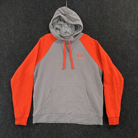 Under Armour Rival Hoodie Men's Large Gray Orange Fleece Colorblock Kangaroo - Picture 1 of 9
